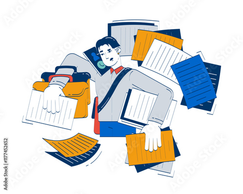 Asian businessman dealing with multiple tasks doodle illustration concept. Young man entrepreneur overloaded with corporate work cartoon 2D character isolated on white. Hand drawn vector drawing
