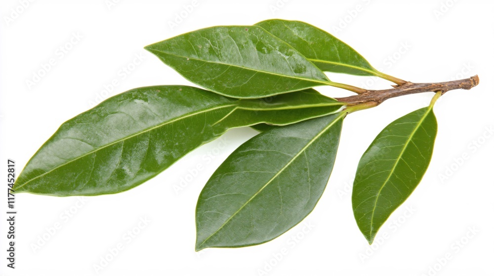 Naklejka premium Fresh Green Bay Leaves on Branch Isolated on White Background for Culinary Use