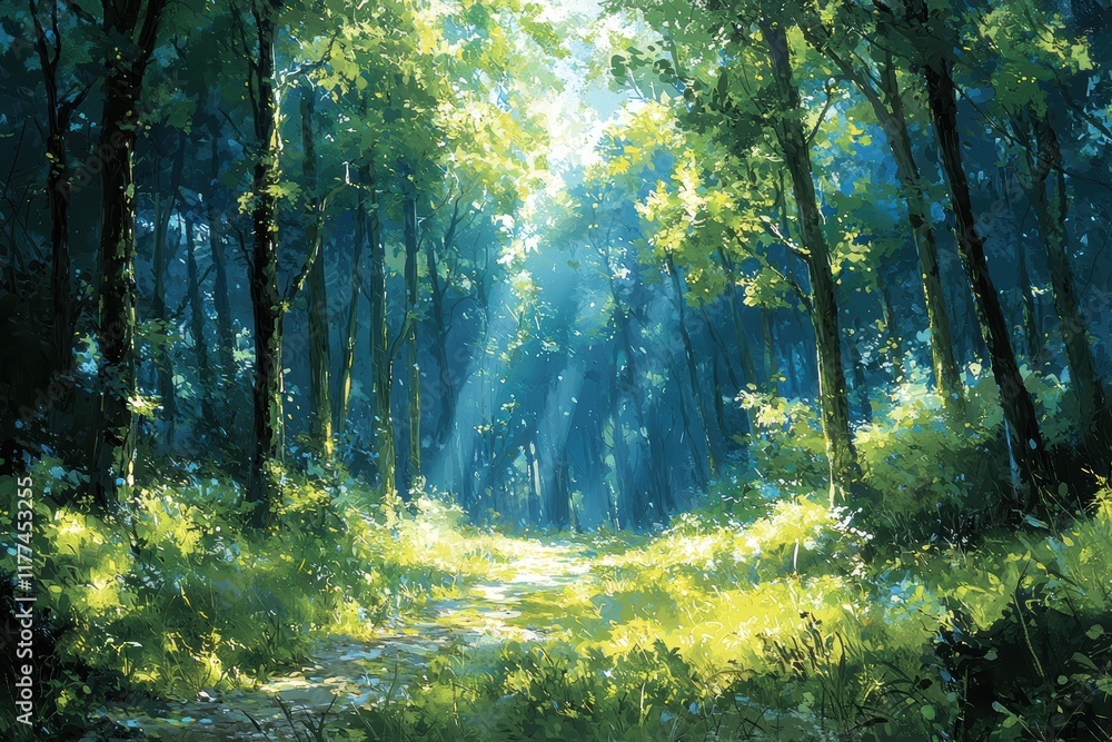 Obraz premium Sunlight streaming through trees in a tranquil forest nature landscape peaceful environment scenic view serenity concept