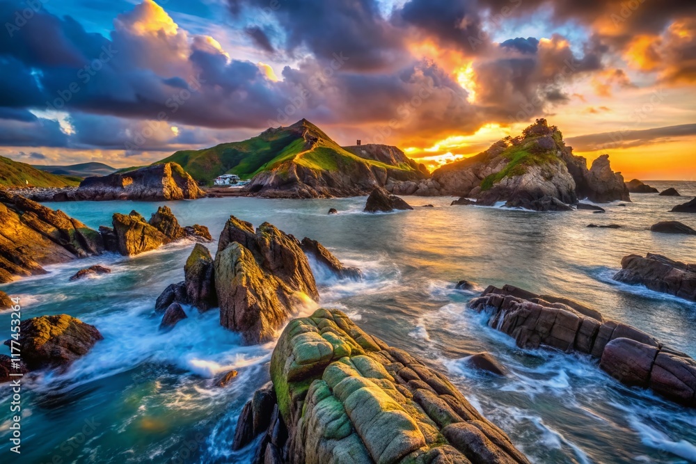 Naklejka premium Ilfracombe Coastal Rocks: Dramatic Bokeh Seascape Stock Photo