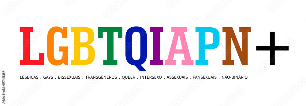 LGBTQIAPN+ typography in Portuguese version on white