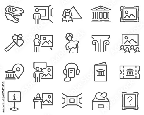 Simple Set of Museum Related Vector Line Icons. Contains such Icons as Tourist Group, Sculpture, Art Gallery and more.