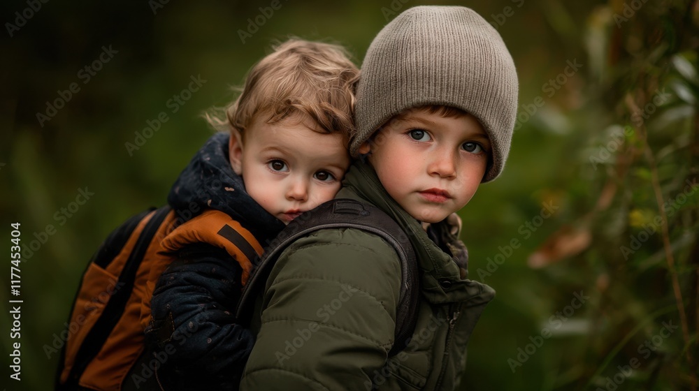 Two young boys are hugging each other, one wearing a hat Two young boys are hugging each other, one wearing a hat