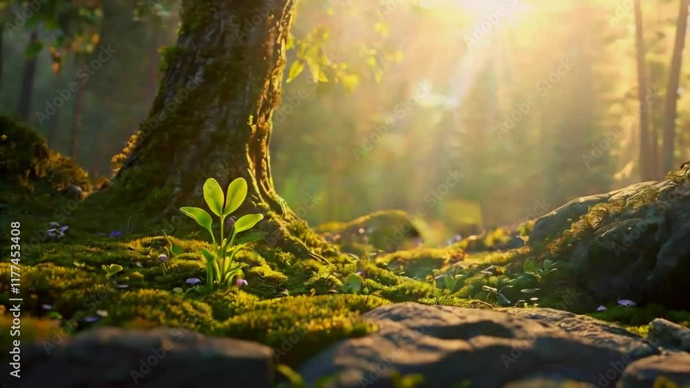 Young plant growing near mossy rocks and tree trunk in a sunlit forest. Young plant growing near mossy rocks and tree trunk in a sunlit forest.