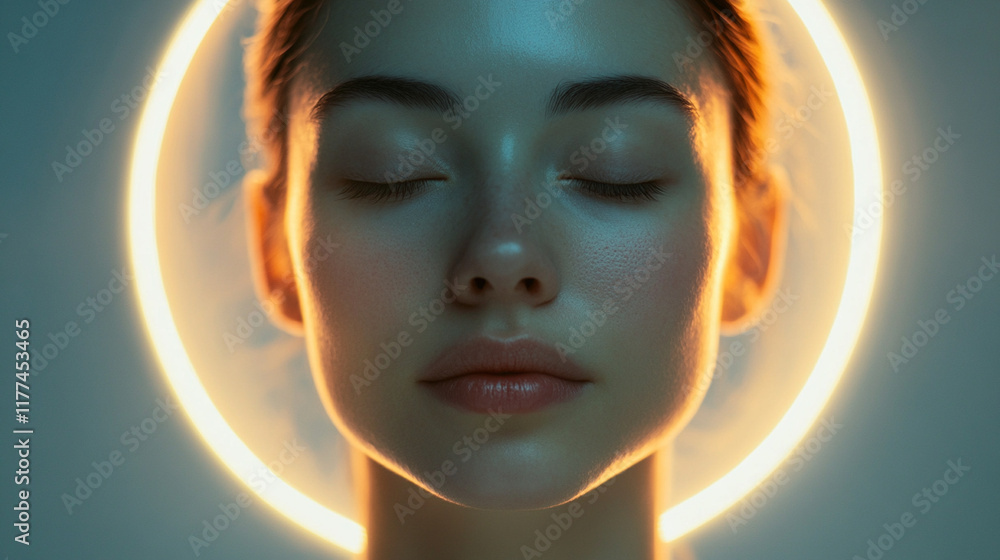 Close-up of a serene face meditating, with a faint aura of light encircling the head. Close-up of a serene face meditating, with a faint aura of light encircling the head.