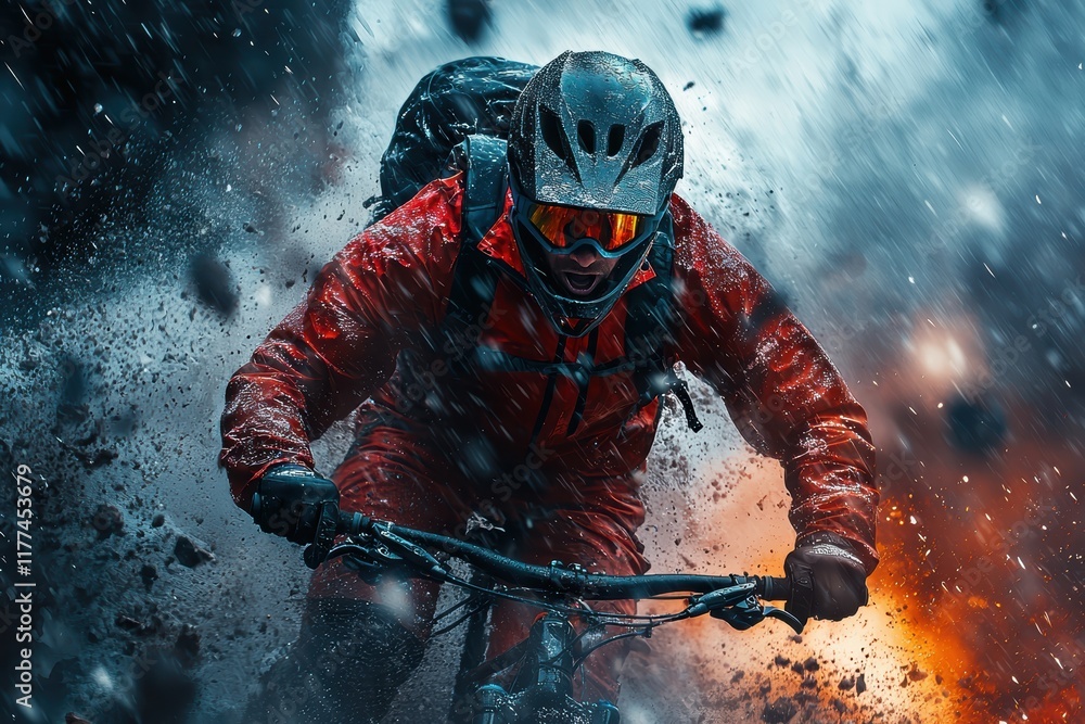 Obraz premium High-energy action shot of a cyclist riding through challenging terrain forest environment sports photography dynamic viewpoint