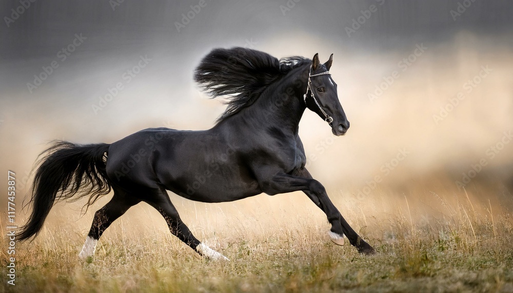 Picture presenting the galloping black horse. Generated image Picture presenting the galloping black horse. Generated image
