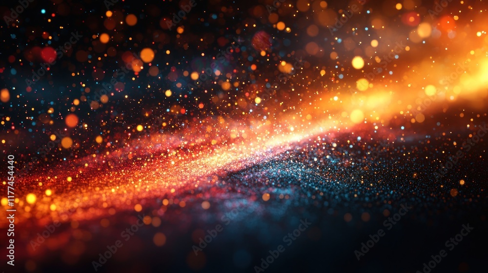 Fototapeta premium Glittering dust particles swirling in fiery nebula, dark background, for festive backdrop