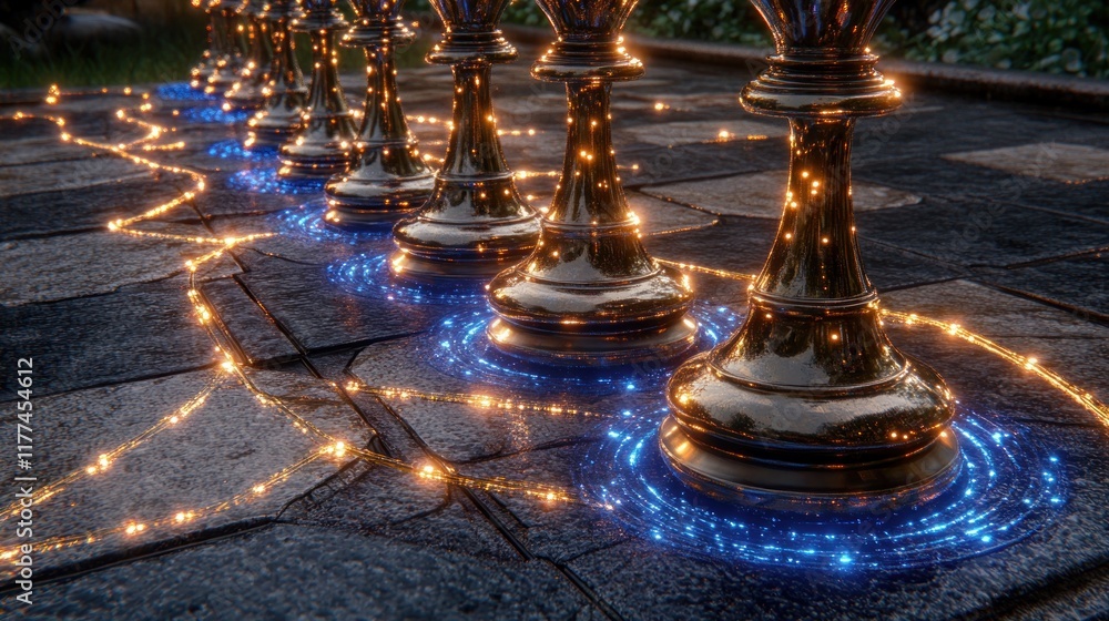 Golden chess pieces on a stone chessboard with glowing lines and circles. Golden chess pieces on a stone chessboard with glowing lines and circles.