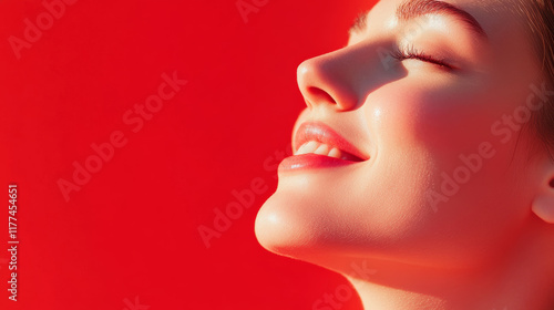 Wallpaper Mural close up of woman glowing skin against vibrant red background, showcasing her joyful expression and radiant beauty. warm tones enhance overall aesthetic Torontodigital.ca
