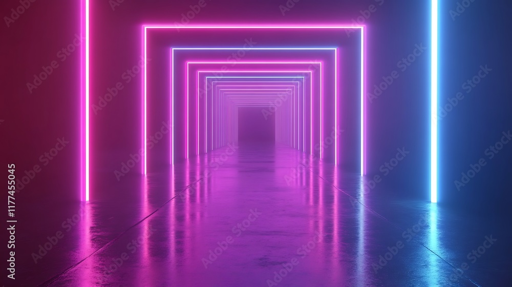 Neon Lights Illuminate a Reflective Corridor Neon Lights Illuminate a Reflective Corridor