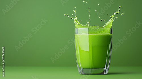 Green smoothie splash in glass against vibrant green background, healthy fresh beverage concept.