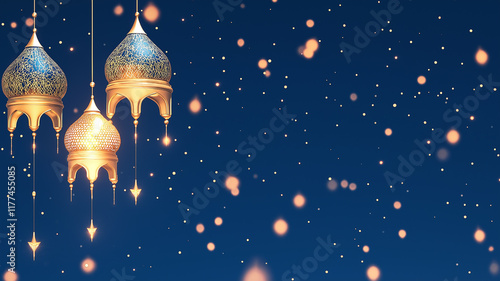 Luxurious Ramadan design with abstract light patterns and hanging lantern in mosque domes shape photo