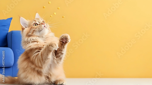 Fluffy ginger cat playing with treats near a blue sofa against a yellow wall.  Perfect for pet food, cat care, or animal blogs. photo