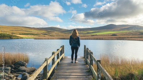 A contemplative woman in a blue jacket standing on a wooden bridge over Dromore Lough in Ireland, surrounded by lush green hills and vibrant clouds in the sky, with ample empty space for text. photo