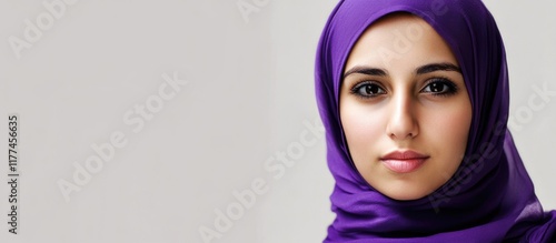 Arab woman wearing a vibrant purple headscarf posed against a soft gray background with ample empty space for text and branding opportunities. photo