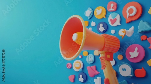 Digital Marketing Strategy Amplified Social Media Promotion Through Loudspeaker and Colorful Icons