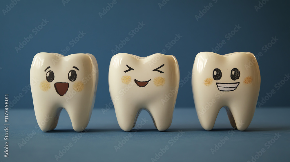 Expressive tooth trio for dental personality concept Expressive tooth trio for dental personality concept
