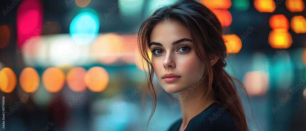 A confident professional woman stands in front of a colorful financial bar chart A confident professional woman stands in front of a colorful financial bar chart