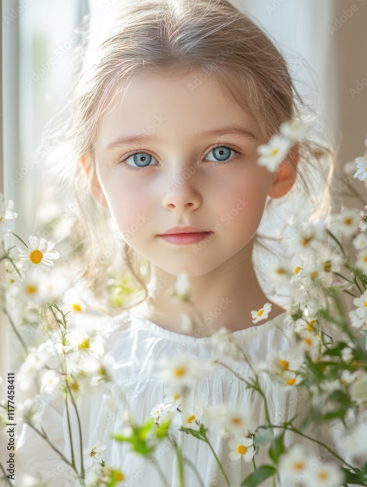 Bright Portrait of a Young Girl with Striking Blue Eyes Surrounded by Blooming White Daisies in a Sunlit Room Ideal for Spring Themes and Celebrations