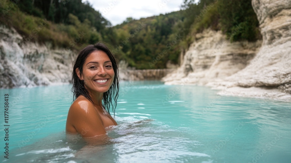 Smiling woman enjoying a tranquil turquoise pool in Tuscany surrounded by lush greenery and rugged cliffs embodying peaceful exploration and serenity Smiling woman enjoying a tranquil turquoise pool in Tuscany surrounded by lush greenery and rugged cliffs embodying peaceful exploration and serenity