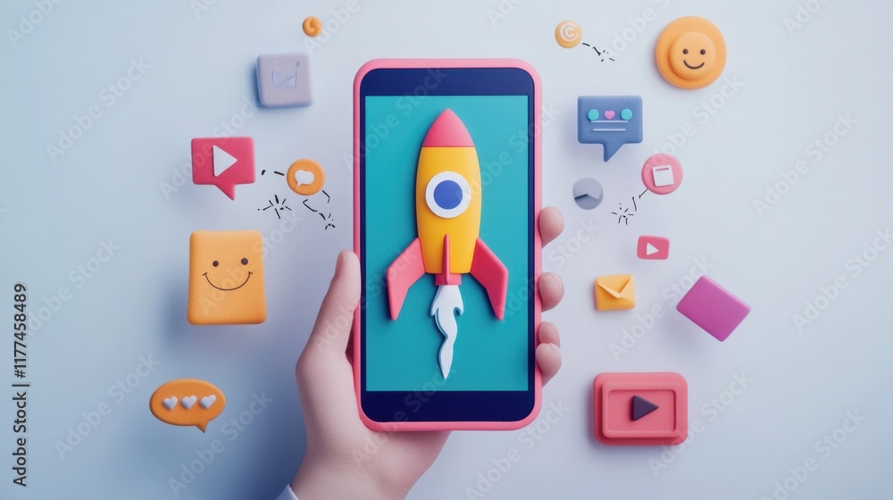 Mobile App Launch Concept: A Rocket Taking Off on a Smartphone Screen, Surrounded by Social Media Icons and Happy Emojis Mobile App Launch Concept: A Rocket Taking Off on a Smartphone Screen, Surrounded by Social Media Icons and Happy Emojis