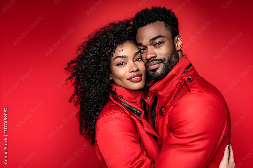 Stylish young black couple hugging and smiling in red clothes isolated on red background. Portrait of african american, latino man and woman in love. Valentine's Day, romantic date, lovers concept Stylish young black couple hugging and smiling in red clothes isolated on red background. Portrait of african american, latino man and woman in love. Valentine's Day, romantic date, lovers concept