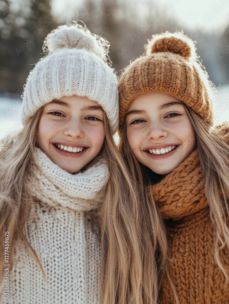 Happy sisters smiling in winter landscape wearing cozy knit hats and scarves with soft sunlight illuminating their faces and ample copyspace for text Happy sisters smiling in winter landscape wearing cozy knit hats and scarves with soft sunlight illuminating their faces and ample copyspace for text