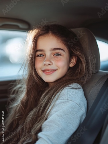Cheerful teenage girl with long hair relaxed in car back seat, soft natural light highlighting her smile, with spacious empty copyspace for text.