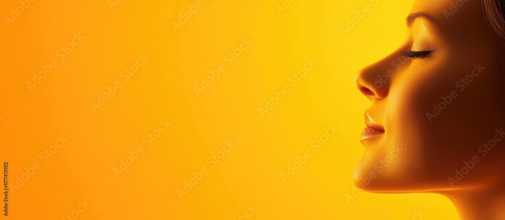 Bright Profile Side Portrait of Joyful Person against Vibrant Orange Background Emphasizing Positive Emotion and Space for Copy in Marketing Context Bright Profile Side Portrait of Joyful Person against Vibrant Orange Background Emphasizing Positive Emotion and Space for Copy in Marketing Context