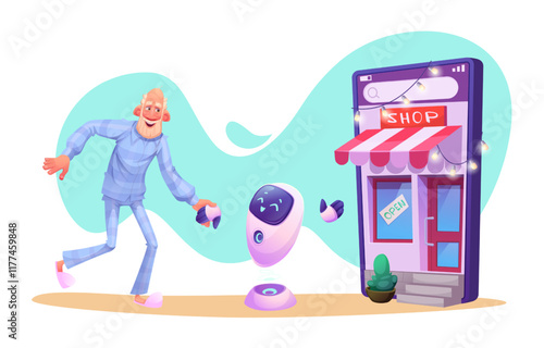 Friendly AI bot invites cartoon old man character for online shopping