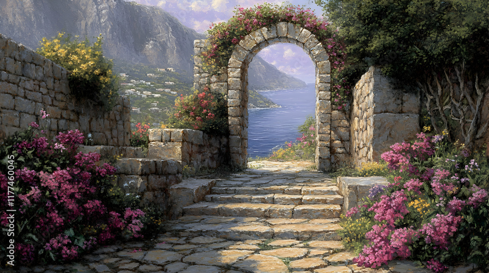 Fototapeta premium Serene coastal stone archway with blooming flowers, leading to a breathtaking ocean view. A picturesque pathway invites tranquility and escape.
