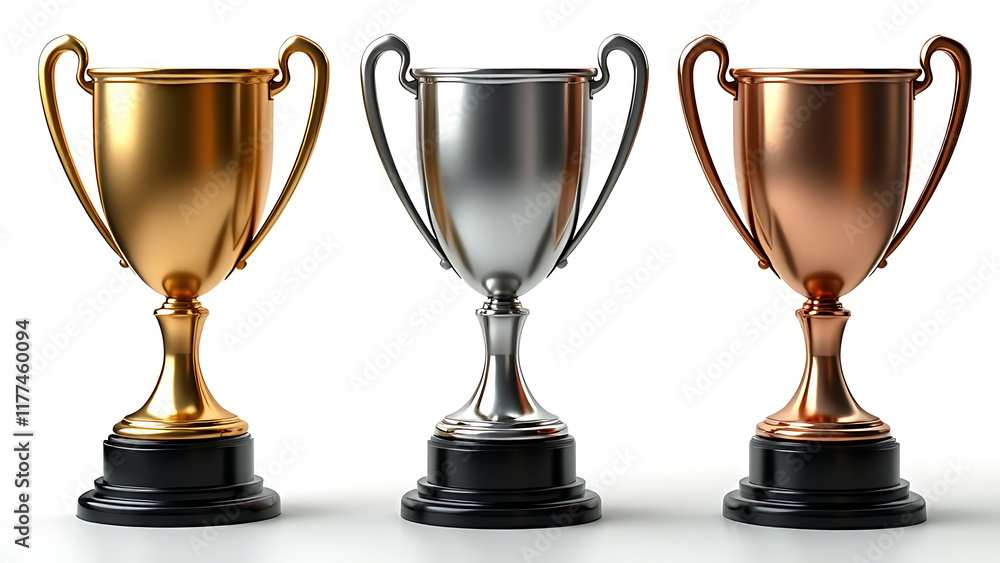 Set of Gold, Silver, and Bronze Trophy Cups for Winners – Isolated on White Background Set of Gold, Silver, and Bronze Trophy Cups for Winners – Isolated on White Background