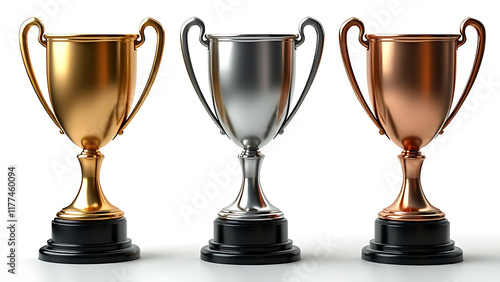 Set of Gold, Silver, and Bronze Trophy Cups for Winners – Isolated on White Background photo