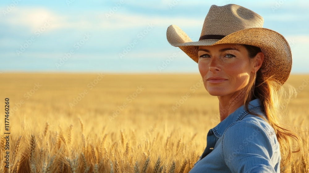 Obraz premium Stylish woman wearing a straw cowboy hat in a golden wheat field under a clear blue sky during summer with ample empty space for text
