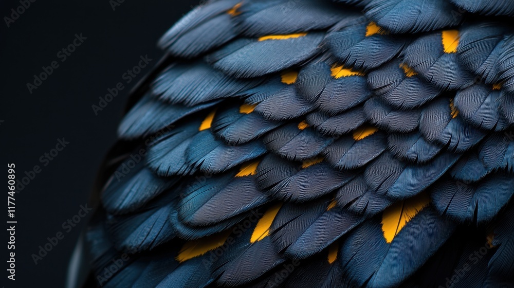 Obraz premium A close up of a bird's feather with a blue and yellow pattern