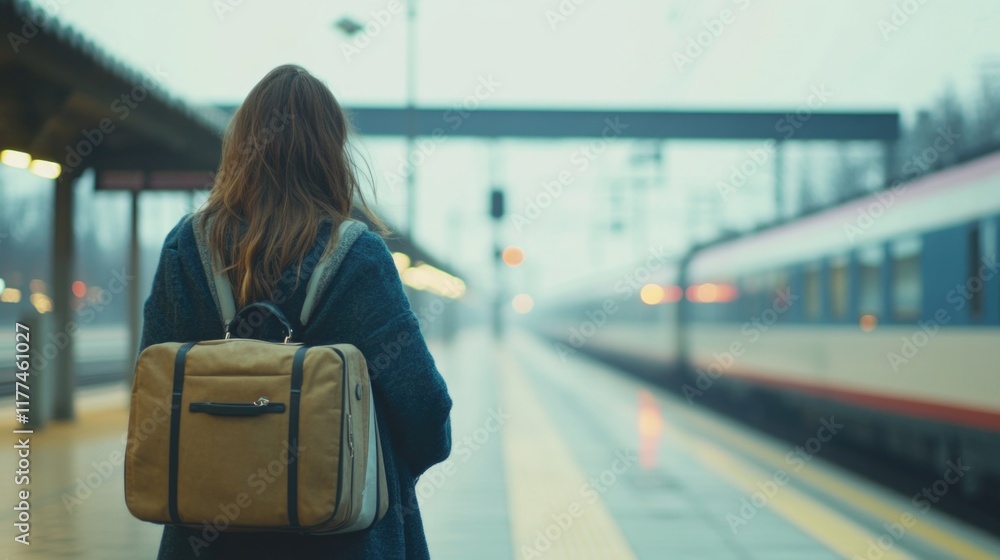 Woman with backpack waiting on a foggy railway platform with empty space for text in a serene urban setting during twilight hours Woman with backpack waiting on a foggy railway platform with empty space for text in a serene urban setting during twilight hours