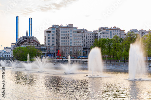 Bolotnaya Square Floating fountains on the Moscow River On Luzhkov Bridge