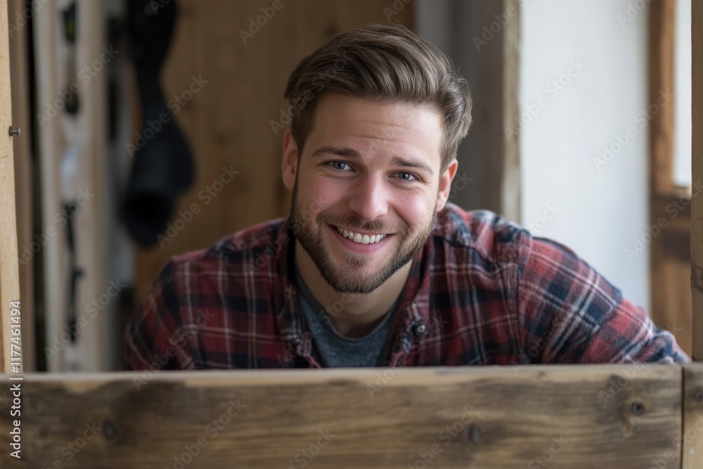 Obraz premium Handsome young Caucasian man in plaid shirt smiling while repairing wooden furniture with screwdriver in cozy indoor workshop setting with natural light
