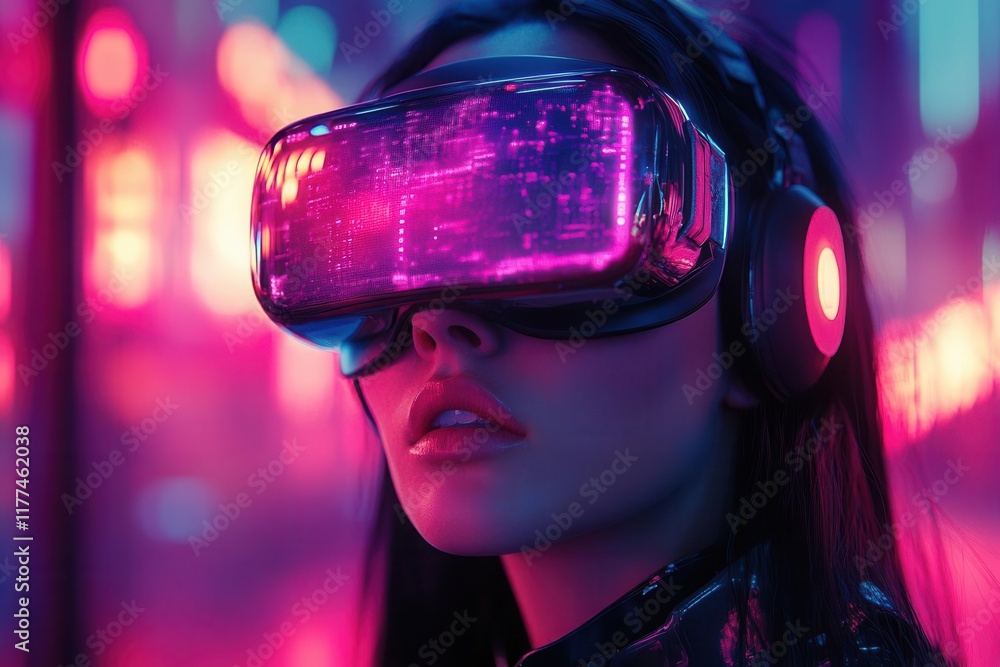 futuristic digital art of woman wearing virtual reality headset surrounded by vibrant neon lights in cyberpunk space environment futuristic digital art of woman wearing virtual reality headset surrounded by vibrant neon lights in cyberpunk space environment