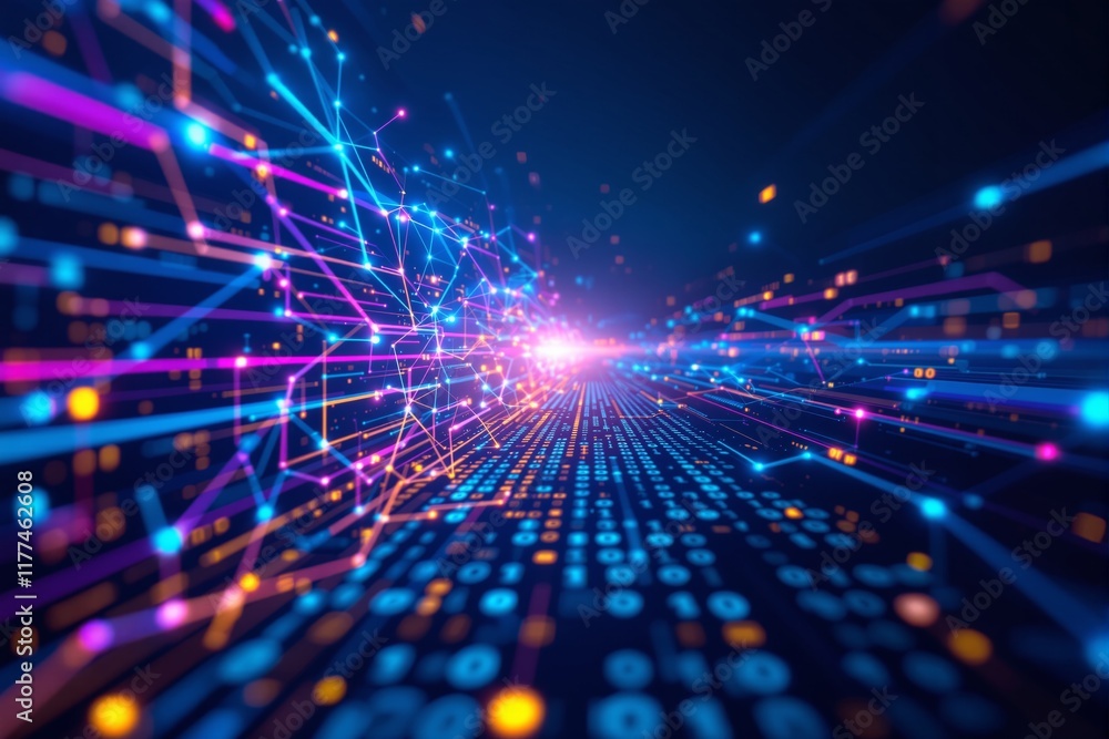 Abstract visualization of a futuristic digital network with glowing connections and binary code, in a colorful style, on a dark background. Concept of technology and data. Ai generative Abstract visualization of a futuristic digital network with glowing connections and binary code, in a colorful style, on a dark background. Concept of technology and data. Ai generative