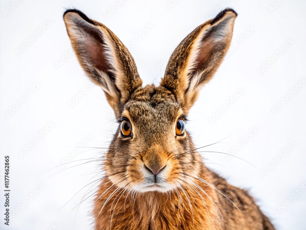 Fototapeta premium Isolated Brown Hare Rabbit on White Background - Urban Exploration Photography Style