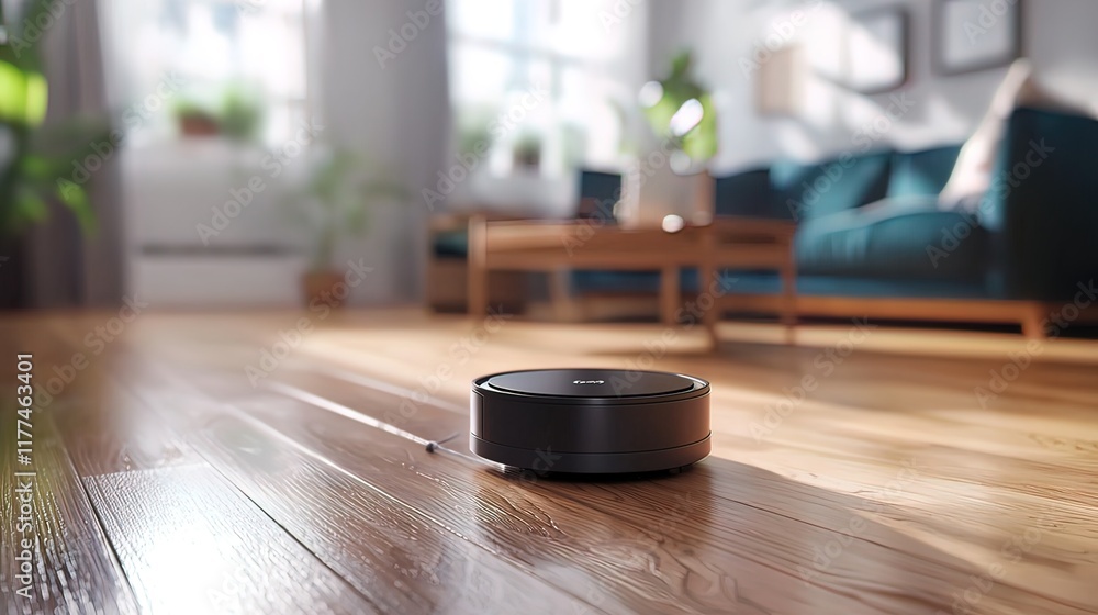 Smart robot vacuum cleaner on wooden floor in modern living room. Smart robot vacuum cleaner on wooden floor in modern living room.