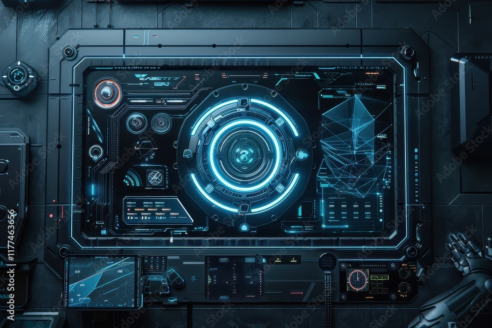 Fototapeta premium Futuristic Interface with Blue Glowing Lights and Data Displays