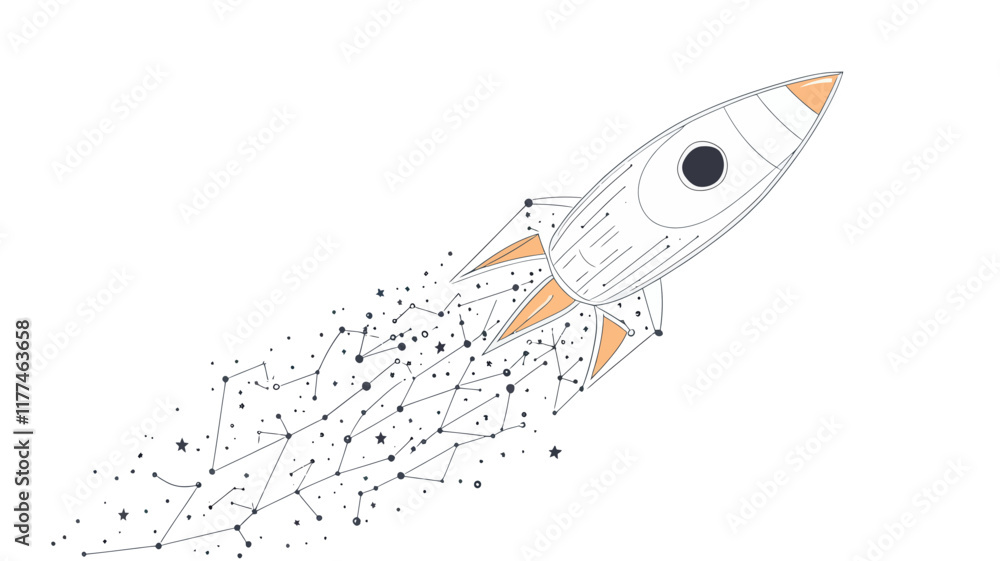 Abstract Line Art Rocket with Starry Background Vector Illustration - Space, Universe, and Minimalist Business Concept for Innovation, Technology, and Ambition Abstract Line Art Rocket with Starry Background Vector Illustration - Space, Universe, and Minimalist Business Concept for Innovation, Technology, and Ambition