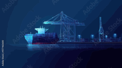 Digital Polygonal Sea Port with 3D Cargo Ship, Port Cranes, and Containers in Dark Blue - Concept of Transportation, Logistics, Business, Worldwide Shipping - Abstract Vector Mesh Illustration