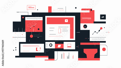 Flat Design Vector Illustration for Website Content Management, Modern UI/UX Dashboard Concept with Graphs, Charts, and Interface Elements for SEO and Web Development