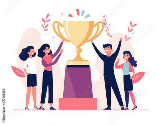 Business Team Celebrating Success, Holding Trophy for Teamwork Achievement, Business Goal Victory, Flat Minimalist Vector