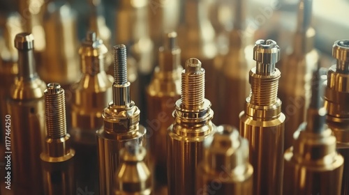 Golden Metal Components Displayed in Close-Up, Highlighting Intricate Designs and Precision Engineering in a Manufacturing Environment photo