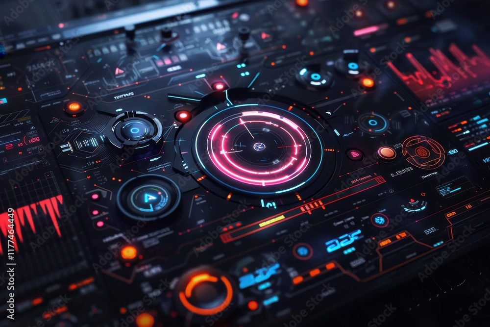 Obraz premium Futuristic Control Panel with Red and Blue Lights